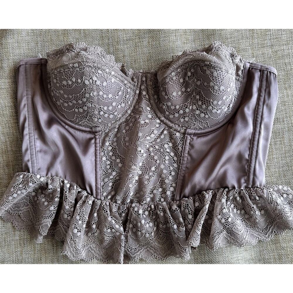Corset Style Bra Lingerie Sheer Bustier‎ Brown Taupe Strapless Lace Sz M
